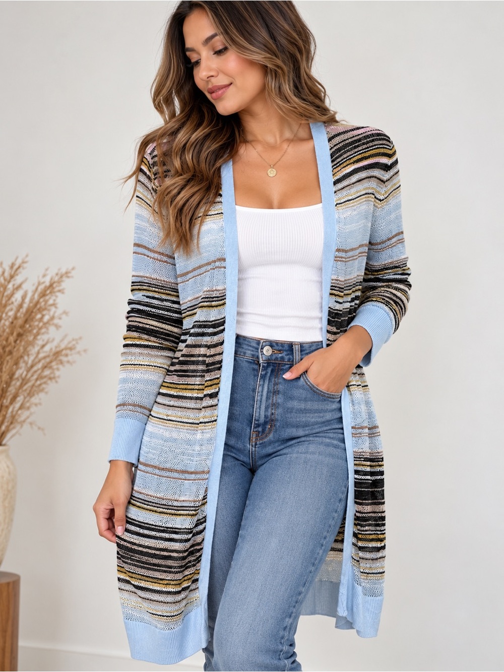 WHBM Striped Open Front Long Cardigan Sweater Blue Multi Size L NWT